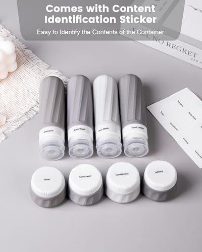 Mrsdry Travel Bottles for Toiletries 8 Pack, TSA Approved Travel Size Containers 3oz, Leak Proof Silicone Squeezable Creams Jars with Clear Travel Bag - color: Proper Gray, size: 3oz bottle 1oz jar
