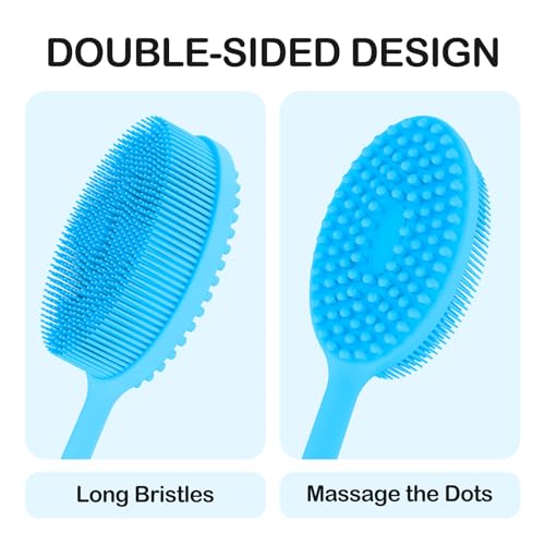 MateeyLife Silicone Body Scrubber Exfoliator with Handle, Gentle Back Scrubber, Shower Brush for Body, Bath Back Brush - color: Blue