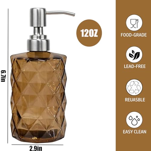 12Oz Brown Glass Soap Dispenser with Stainless Steel Pump, Refillable Kitchen Liquid Hand Soap Dispenser with Diamond Design, for Dispense Hand soap, Dish Soap, Lotion, Bathroom, Countertop, Hotel - color: Brown Diamond