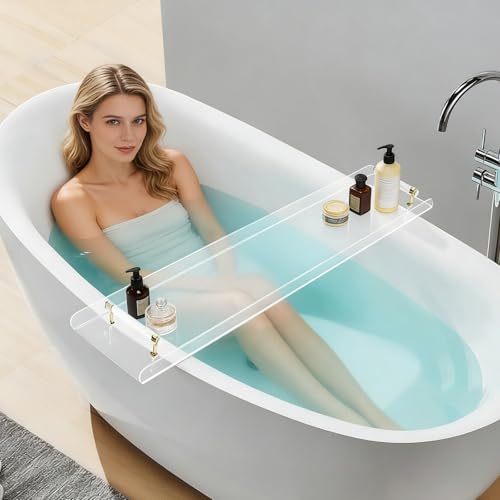 Bathtub Tray, 1 or 2 Person Bath and Bed Luxury Bathtub Caddy Tray Clear Acrylic Bathtub Caddy Tray with Gold Handles Accessories for Bath Tub, 31x9 Inch