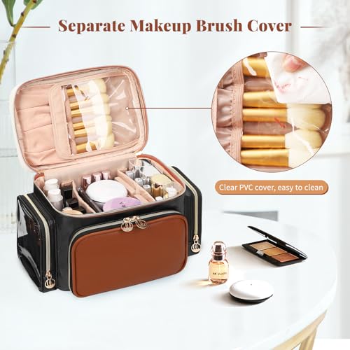 Bagmoly Large Makeup Bag, Portable Travel Makeup Bag Organizer for Women Girls with Makeup Brush Compartment & Two Side Pockets, Cosmetic Travel Bag Vertical Storage Toiletry Bag- Brown - color: 02-Black Brown, size: Medium