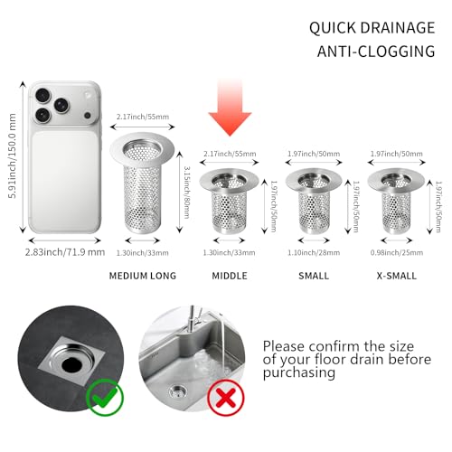Bathroom Sink Drain Strainer, 304 Stainless Steel Hair Catcher for Bathtub Shower Floor Drain, Bathtub Drain Cover Strainer Basket Fit 1.3" to 2.17" Drain Hole (2PCS) - size: Medium