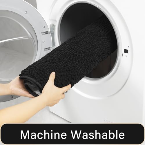 LOCHAS Bathroom Rugs Sets 2 Piece, Soft Non Slip Bath Mat Set, 20''x20'' U-Shaped Toilet Rug and 34''x21'' Black Bath Rugs, Washable Absorbent Chenille Toilet Rug Set for Bathroom, Shower, Sink - color: Black