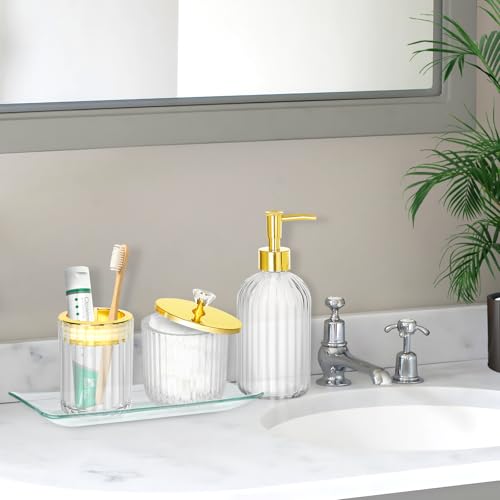 Bathroom Accessories Set, 4Pcs Clear and Gold Glass Bathroom Accessories Sets Complete w/Lotion Soap Dispenser, Toothbrush Holder, Apothecary Jar, Vanity Tray, Bathroom Decor - style: Clear
