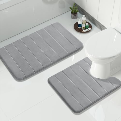 Yimobra Memory Foam Bath Mat Set 2 Piece - Super Soft Absorbent Quick Dry Bathroom Toilet Rugs, Machine Washable Non Slip Floor Carpet for Tub Shower & Single Sink (31.5x20 & 24x20, Gray) - color: Grey, size: 31.5x20+24x20 Inch