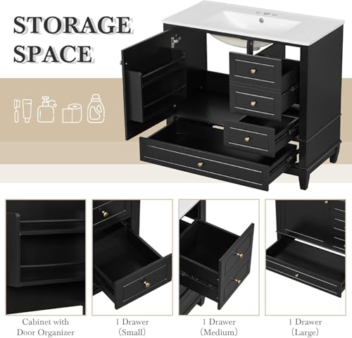 Linique 36" Modern Bathroom Vanity with Sink Combo Set, Solid Wood Frame Bathroom Storage Cabinet with 3 Drawers, Soft Closing Cabinet Door with Organizer, Black - color: Black, size: 36"/ Door with Organizer