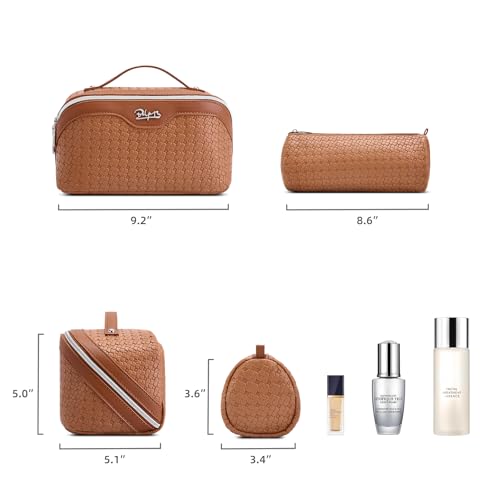 BOYATU Travel Makeup Bag Cosmetic Bags for Women: Large Capacity 3 Pcs Set Make up Bag with Compartments - Waterproof Vegan Leather Toiletry Organizer Bags with Handle (L53Brown) - color: L53Brown