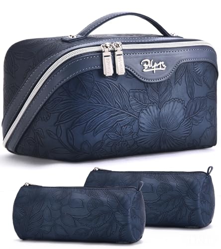 BOYATU Travel Makeup Bags Cosmetic Organizer Bag: 3-Set Large Capacity Make up Bag - PU Leather Toiletry Bags for Women - Wide Open Portable Pouch with Divider & Handle (02-Dark Blue) - color: 02-Dark Blue