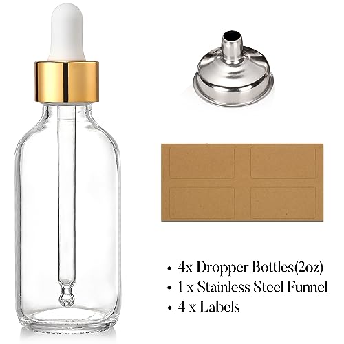 AOZITA Set of 4, 2 oz Golden Cap Clear Dropper Bottles (60ml) with 1 Funnel & 4 Labels - Glass Tincture Bottles for Essential Oils with Eye Droppers - Leak Proof Travel Bottles for Liquids - color: Clear