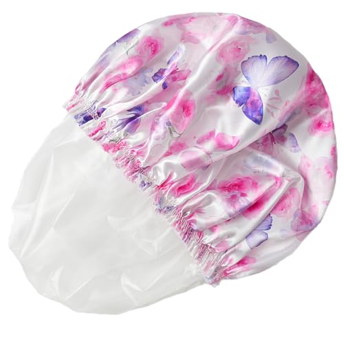4 PCS Shower Cap for Women, Elastic and Reusable Bath Caps, Double Layers Shower Caps Reusable Waterproof, Bathing Shower Caps, Environmental Bath Hair Protection Cap - Butterfly C - color: Butterfly C