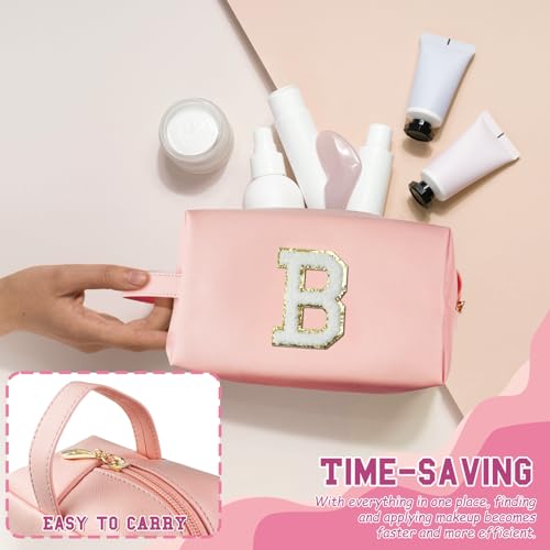Personalized Initial Makeup Bag with Handle, Preppy Cosmetic Bag with Inner Zipper Pocket, 8 9 10 11 12 13 14 Years Old Girl, Graduation Gifts for Teen Girls Women Teachers (B, Pink) - color: Pink, style: B