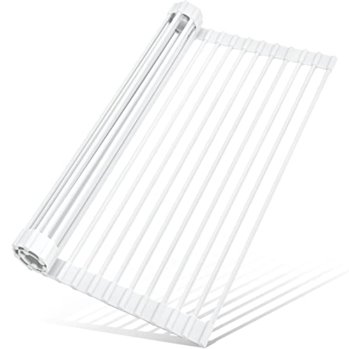 MERRYBOX Roll Up Dish Drying Rack, Silicone Wrapped Over The Sink Dish Rack Foldable Dish Drainer Anti-Slip Dish Racks for Kitchen Sink, Multipurpose Kitchen Sink Drying Rack, 17.5" x 13", White - color: Rectangle-white, size: Rectangle: 17.5" x 13"