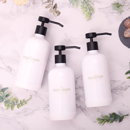 Shampoo and Conditioner Dispenser Set of 3,Refillable 21oz Shampoo Bottles with Non-Slip Protective Silicone Pad,Shower Soap Dispenser with Waterproof Labels for Bathroom (White) - color: White Bottles + Black Pumps