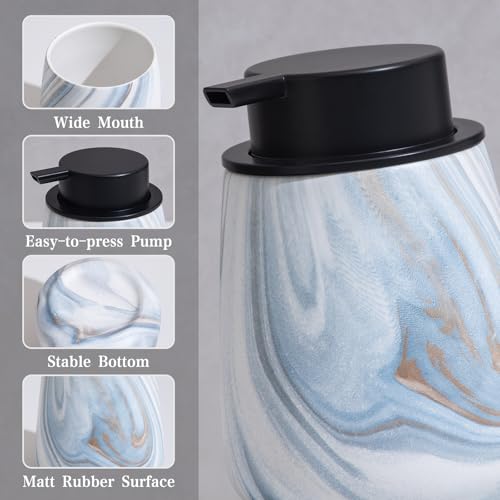 12Oz Foaming Hand Soap Dispenser - Ceramic Bathroom Foam Soap Dispenser with Easy-to-Press Black Pump, Refillable Lotion Hand Dispenser, Dish Soap Dispensers for Kitchen, Marble Blue - color: Marble Blue, style: Foam Pump
