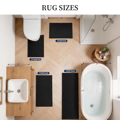 YIHOUSE Black Bathroom Rugs Sets 4 Piece, Quick Dry Thin Bath Mat with Toilet Rug, Non Slip Absorbent Machine Washable, Bath Runner Rugs for Bathtub Sink Home Decor - color: Black, size: 4 pieces