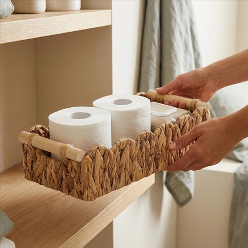 Scalloped Edge Toilet Paper Basket, Water Hyacinth Wicker Basket for Back of Toilet Tank, Long Narrow Bathroom Counter Organizer with Wooden Handles for Vanity, Shelf, Storage
