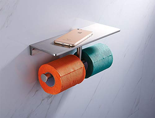 Toilet Paper Holder,Brushed Nickel Double Toilet Paper Roll Holder with Storage Shelf,Wall Mount Brass Toliet Tissue Dispenser for Home and Hotel Bathrooms - color: Brushed Nickel