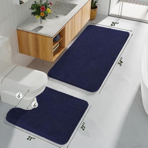HOMORE Bathroom Rug Set 2 Piece,Soft Absorbent Bath Mats Set,Machine Washable Navy Blue Bath Rug Sets for Bathroom Non Slip,(21"x34"+21"x21") Plush Shaggy U Shape Contour Toilet - color: Navy Blue
