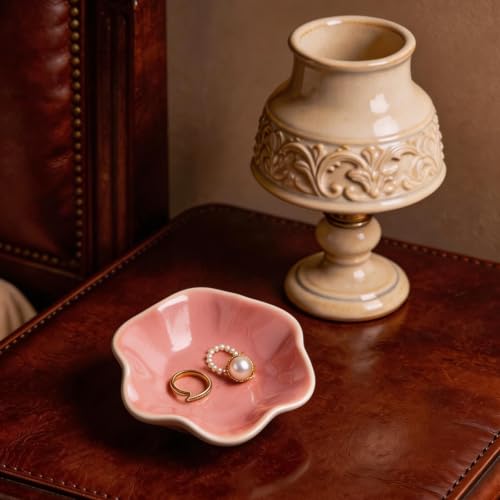 Ceramic Lotus Leaf Trinket Dish, Ring Holder for Jewelry | Keeps earrings, necklaces, keys, and keepsakes handy on vanities or nightstands, a sweet gift for moms, sisters, and friends - color: Pink