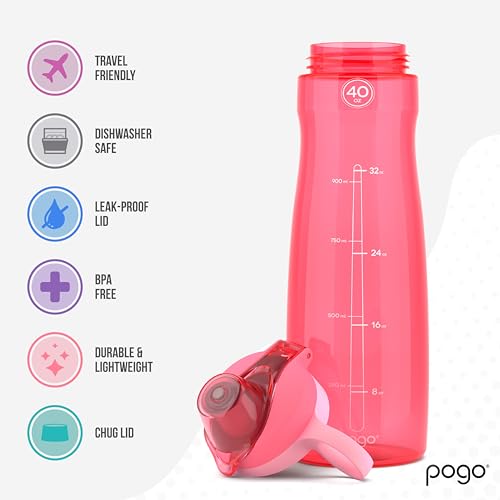 Pogo BPA-Free Plastic Water Bottle with Chug Lid, Pink, 40 oz. - color: Pink, size: 40 Ounces