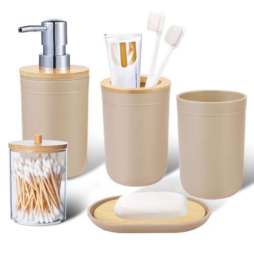 iMucci Bathroom Accessories Set 5Piece Beige Bathroom Sets, Toothbrush Holder, Toothbrush Cup, Lotion Soap Dispenser, Soap Dish and Qtip Holder Bathroom Decor - style: Beige