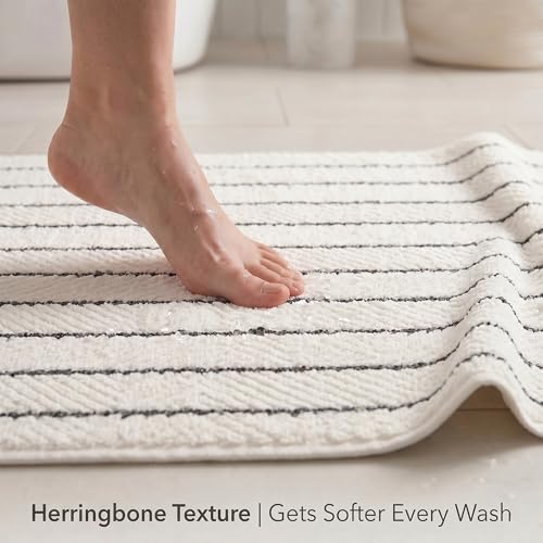 Herringbone Bath Mat Set of 2, Turkish Cotton Tencel Blend, Absorbent Quick Dry, 20x32 Inch, Oeko-TEX Certified, Made in Turkey - color: Warm Cream