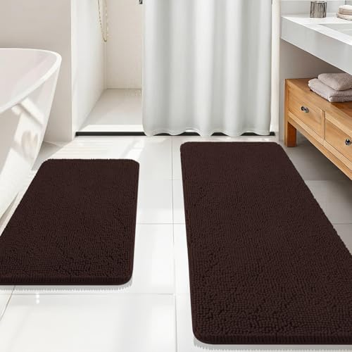 OLANLY Bathroom Rugs Sets 2 Piece, Soft Absorbent Chenille Bath Mats Area Rug Set, Non-Slip, Quick Dry, Machine Washable Bath Mats for Bathroom, Home Decor Accessories (59"x20"+30"x20", Brown) - color: Brown, size: 59" X 20" + 30" X 20"