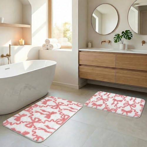 Arttown Cute Pink Bow Bathroom Rug Set 2 Piece White Fluffy Microfiber Non-Slip Water Absorbent Bath Mat Soft Washable Floor Rug for Tub Showers Laundry Room Decor (16"x24"+20"x32") - color: Pink Bow