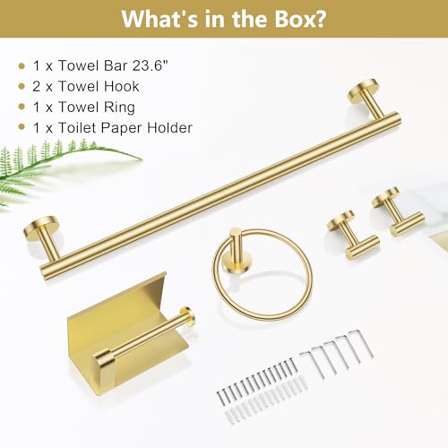 TQKAG 5 Piece Bathroom Towel Bar Holder Sets Brushed Gold Bathroom Hardware Set Stainless Steel Toilet Paper Holder with Shelf Bathroom Accessories Kit Wall Mounted - color: Brushed Gold, size: 5-Pieces Set-A