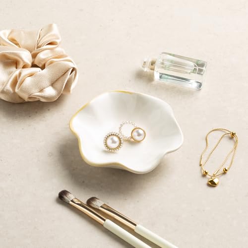 Ceramic Lotus Leaf Trinket Dish, Ring Holder for Jewelry | Keeps earrings, necklaces, keys, and keepsakes handy on vanities or nightstands, a sweet gift for moms, sisters, and friends - color: white
