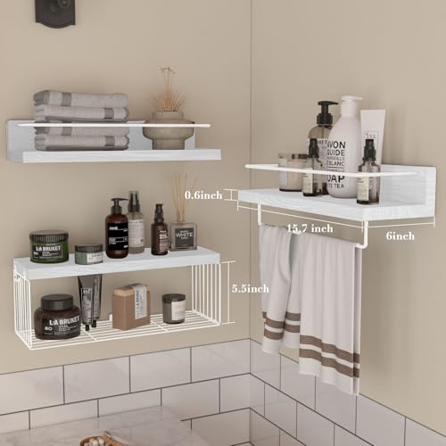 PopiShelves Bathroom Shelves Over Toilet for Wall, Floating Shelves with Storage Basket Paper Holer for Kitchen Living Room, Bedroom & Classroom, Set of 3 (White) - color: White, size: 15.7"