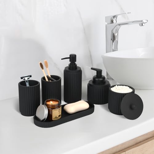 Black Bathroom Accessories Set 6 Pcs - Toothbrush Holder,Lotion Soap Dispenser,Foaming Soap Dispenser,Qtip Holder Dispensers,Vanity Tray,Bathroom Tumbler - Countertop Organizer-Bathroom Accessory Set - color: Matte Black