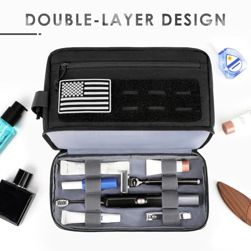 Tactical Toiletry Bag for Men, Travel Hygiene Bag with Double-layer, Large Capacity Hanging Toiletry Bags Water-Resistant Shaving Dopp Kit with EDC Molle Pouches, Bathroom Shower Makeup Bag, Black