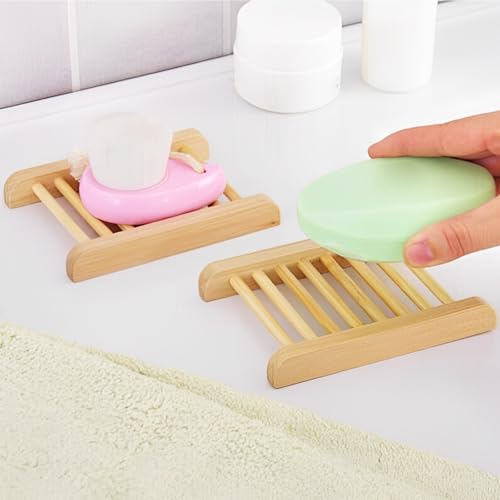 60 PCS Bamboo Soap Dish for Shower 3.3x3.5x0.7 Inch Wooden Soap Holder Self Draining Bamboo Soap Holder Handmade Wooden Soap Dish for Bar Soap Wood Soaps Tray for Bathroom, Shower, Kitchen - color: Wood