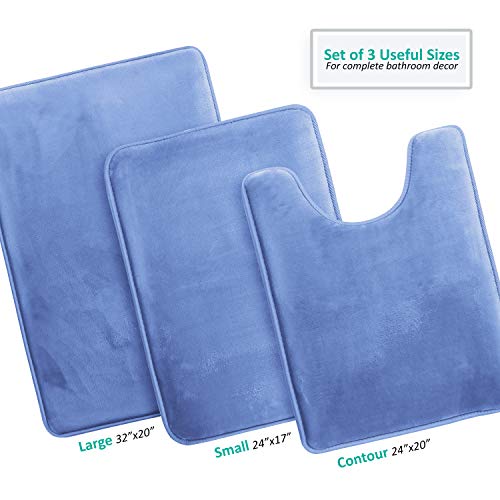 Clara Clark 3 Piece Bathroom Rugs Bath Mat Set, Velvet Memory Foam Bath Mats for Bathroom - Non-Slip, PVC Backing Bath Rugs, Washable - Dries Quickly, Blue - color: Calm Blue, style: 17 x 24 + 20 x 32 + Contour