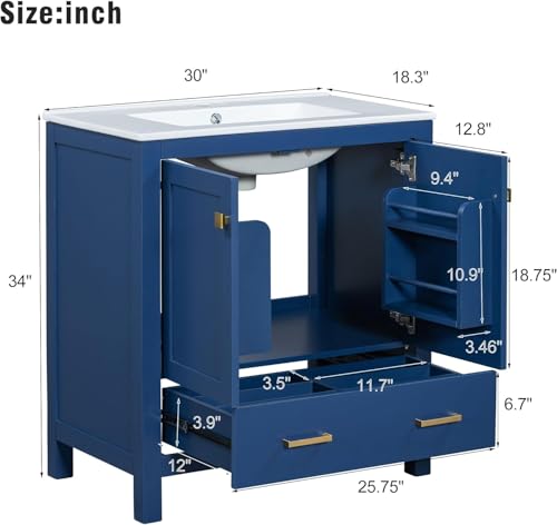 Linique 30" Modern Bathroom Vanity with Sink Combo Set, Solid Wood Frame Bathroom Storage Cabinet with 2 Soft Closing Doors and a Drawer, Multifunctional Storage, Blue - color: Blue