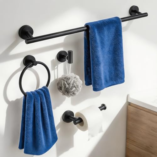 HOMOTEK 4 Pieces Bathroom Accessories Hardware Set, 24 inch Towel Bar, Towel Ring, Robe Hook, Toilet Paper Holder, Stainless Steel Rack Kit Wall Mounted, Matte Black - color: Matte Black