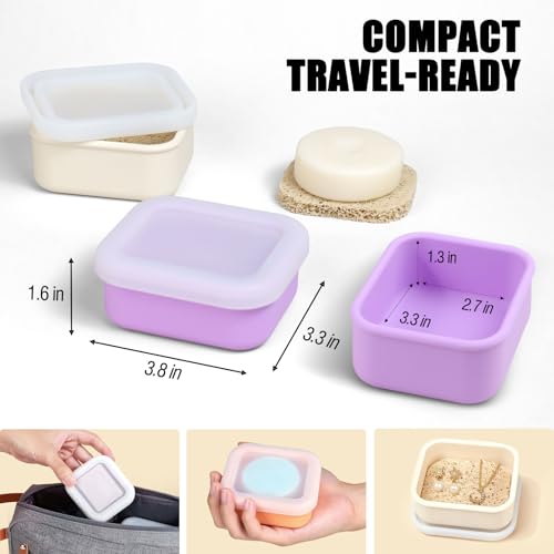 OTHIX 2 Pack Leakproof Silicone Travel Soap Case Travel Essentials-Small Bar Soap Holder Container with Drainage Layer & Mini Portable Soap Dish for Shampoo Bars, Gym, Camping (Cream & Light Purple) - color: Cream & Light Purple