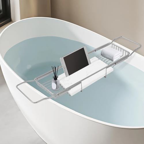 Expandable Bathtub Tray Caddy Shelf with Marble Table Mobile/Tablet Stand, Luxury Bath Tub Tray Rack, Bathroom Home Spa Shower Accessories Perfect Relaxing Spa Gifts for Women and Towel - color: Silver Rack+white Marble Board