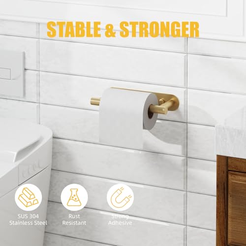 BESy Adhesive or Screw Toilet Paper Holder Wall Mount Rustproof Modern Roll Holder Flexible Pivoting Adjustable Tissue Handle with Self Adhesive or Mounted with Screws Stainless Steel Brushed Gold - color: Brushed Gold