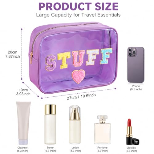 Clear Waterproof Stuff Makeup Bag, Large Capacity Travel Cosmetic Pouch | Transparent PVC Nylon Bag with Chenille Letters for Girls, Women, Beach & Travel - style: Large Size Stuff