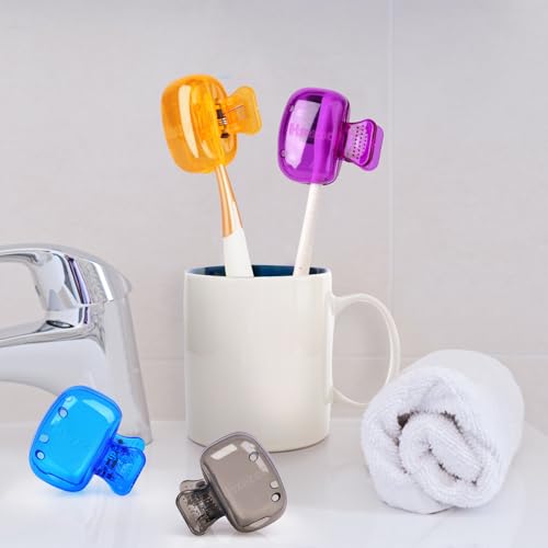 Hxezoc 4 Pack Toothbrush Covers Toothbrush Holders Toothbrush Protector Cap Brush Pod Case Protective Portable Plastic Clip for Household Travel, Business, School, Bathroom, Camping - color: Grey, Blue, Purple, Orange