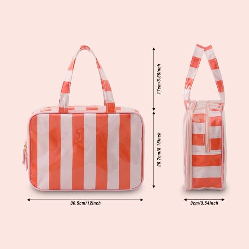 Travel Toiletry Bag for Women, Waterproof Clear Coated Portable Stripe Makeup Cosmetic Bag with Compartment, Travel Organizer for Shampoo, Conditioner, Brushes Set,Cosmetic Accessories(Pink-Orange) - color: Pink-Orange