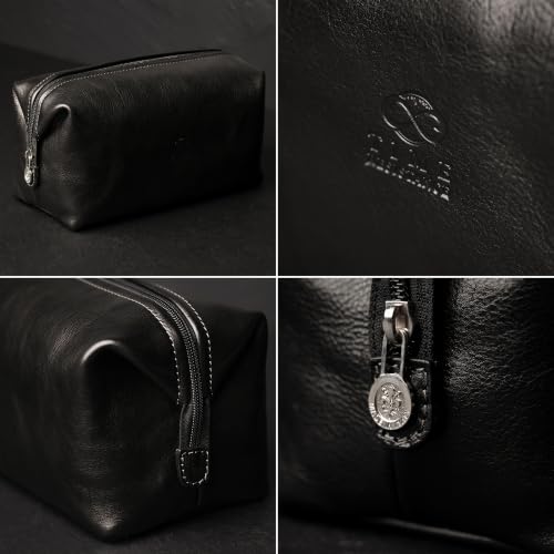 Time Resistance Leather Toiletry Bag - Italian Cosmetic Case Dopp Kit (Black) - color: Black