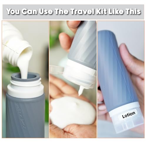 Laxen 5 Pack Travel Bottles for Toiletries, 3 oz TSA Approved Silicone Travel Bottles Set with Labels and Clear Toiletry Bag, Leakproof Refillable Squeeze Bottles for Shampoo Conditioner, Black - color: Black