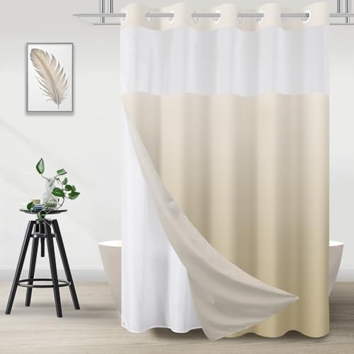 No Hook Shower Curtain with Snap in Liner, Ombre Beige Shower Curtains and Liner Set, Hotel Fabric Bath Curtain for Bathroom, Mesh Top Window Waterproof Washable, 71" x 74" - color: Ombre Beige, size: 71"W x 74"L (Pack of 1)