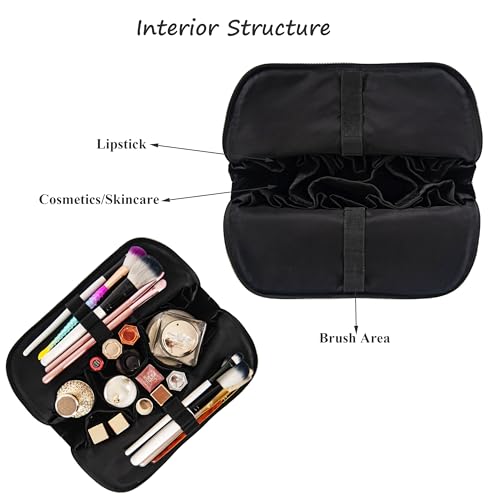 Travel Makeup Bag for Women, Waterproof Stand Up Cosmetic Bag with Brush Holders, Organizer Bag with Compartments, Fold-Down Design for Skincare, Toiletries & Essentials (Black, Medium) - color: Black, size: Medium