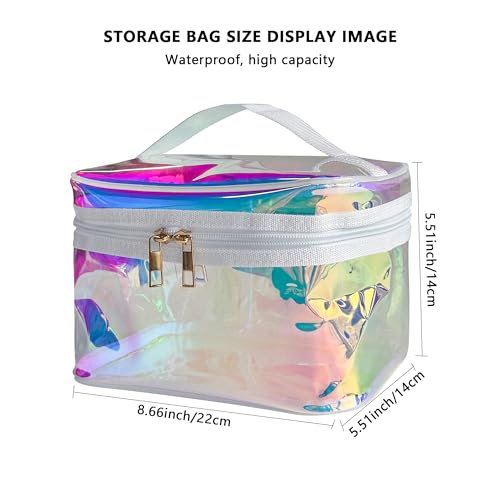 Waterproof Holographic Blue PVC Makeup Bag with Handle - 8.66 * 5.51 * 5.51 inch Travel Cosmetic Organizer for Women Men Toiletry Pouch (Holographic Blue - L) - color: Holographic Blue - L