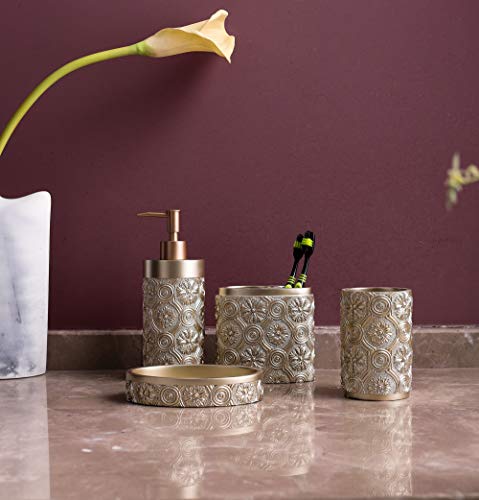 Hymmah Bathroom Accessories Set,Golden Design Toothbrush Holder,Farmhouse Bathroom Decor,4 Pcs Resin Gift Set Apartment Necessities, Contain Toothbrush Cup,Soap Dispenser,Soap Dish,Tumbler - color: Golden Petal