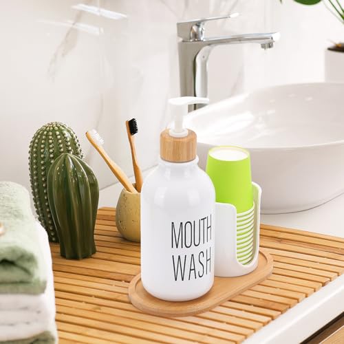 Mouthwash Dispenser with Cup Holder, Plastic White Mouth Wash Pump Bottle with Tray for Bathroom Organizers, 17oz Refillable Clear Mouthwash Container - color: Group a - White
